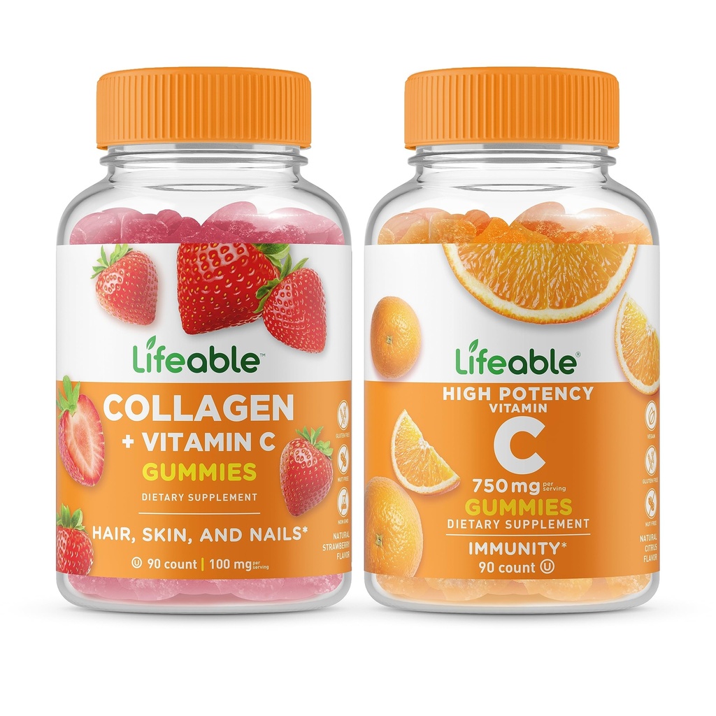 Živý kolagen a vitamin C + vitamín C 750mg, gumies Bundle - Velký ochutnávka, vitamin dodatek, gluten zdarma, GMO zdarma, Žvýkací žlab
