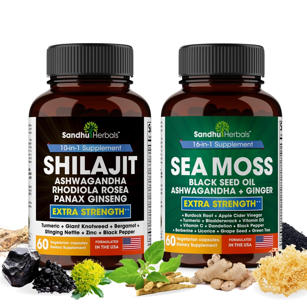 Shilajit Moss Ashwagandha Combo Bundle - Black Seed Oil, Turmeric, Rhodiola Rosea, Panax, Ginseng dodatek 124; 120 Kapsle, Lepší než Gummies, Resin Oil 124; Mořčák pro muže a ženy