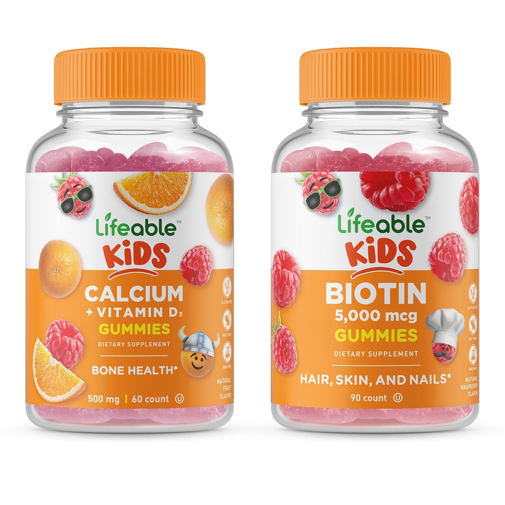 Lifeable Biotin Kids + vápník s vitamínem D Děti, Gummies Bundle - Great Ochutnávání, Vitamin dodatek, Lepek zdarma, GMO zdarma, Žvýkací žlab