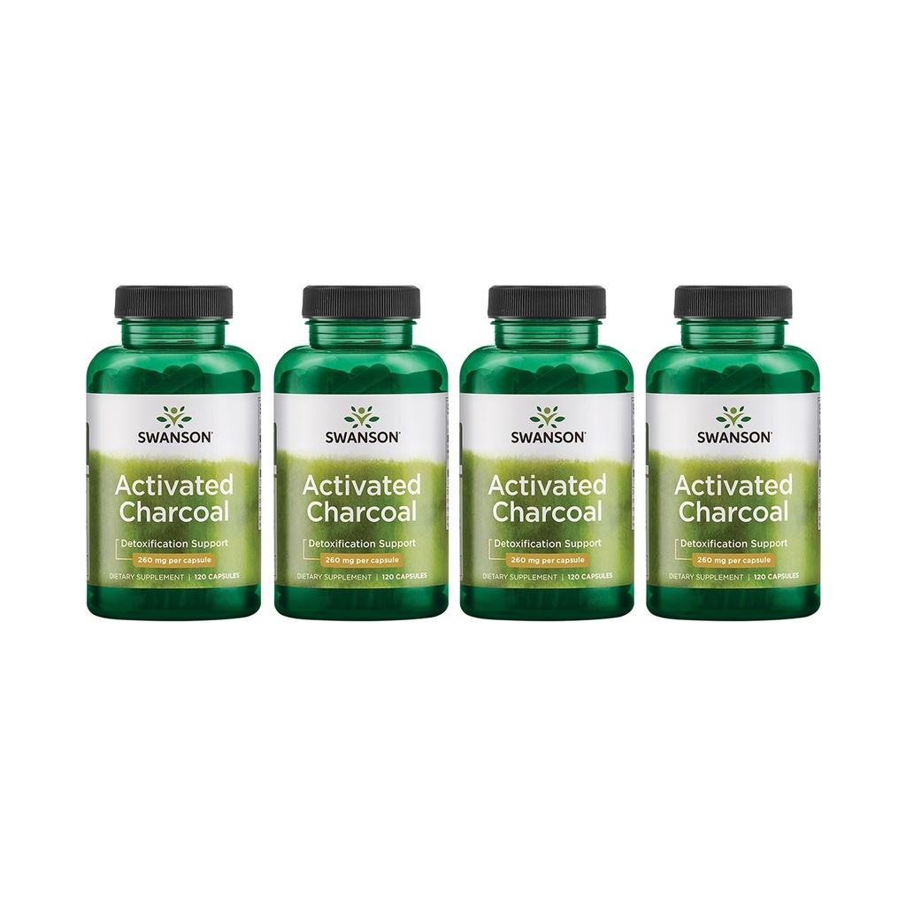 Swanson Aktivované Charcoal - Přírodní doplněk podporující zdravou absorpci - Pomáhá w / Bloating & Udržování Bowel Regularity - (120 Kapsle, 520mg na Serving) 4 Pack