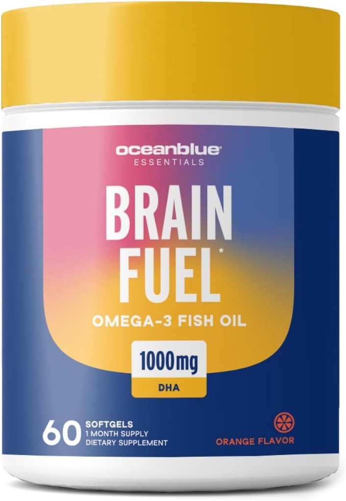 Oceanblue Essentials Mozek Fuel - 60ct - Bezedný rybí olej - High potency Omega 3 DHA dodatek pro podporu mozku a očí - 1000 mg - Chutné pomerančové aroma - 1 měsíc dodávky