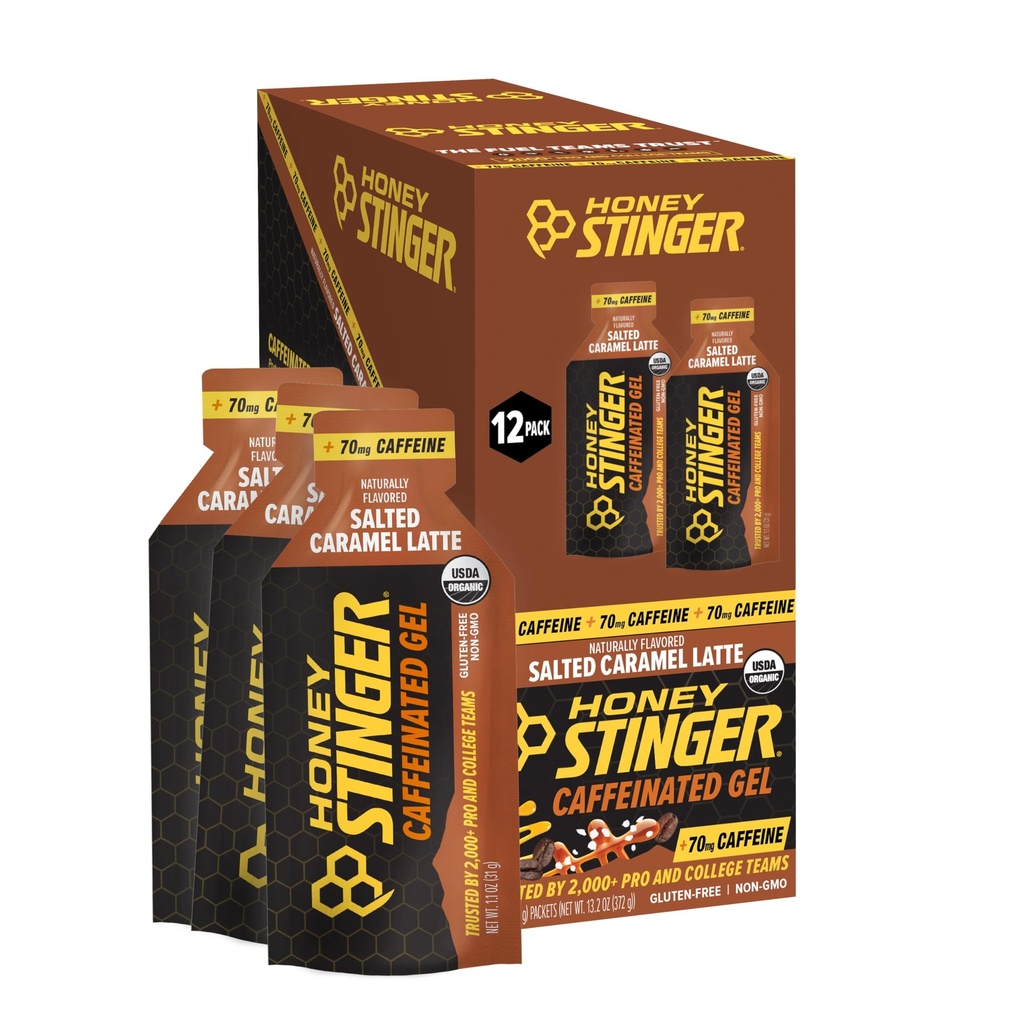 Med Stinger Organic Salted Caramel Energy Gel, Caffeinované a gluten zdarma, pro cvičení, běh a výkon, Sportovní výživa pro domácí & Gym, Pre a střední cvičení, 12 Pack, 13.2 Ounce