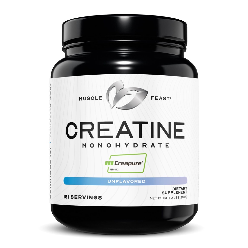 Svalová hostina Creapure Creatine Monohydrát Powder, Vegan Keto Friendly gluten- Free, Mass Gainer, Muscle Recovery Dodatek a důvěryhodné stvoření pro růst svalů, Creatin Powder, Neochucené, 2lb