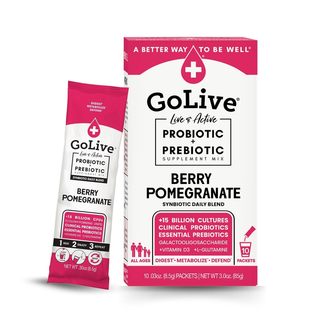 GoLive Prebiotic a Probiotik pro ženy, muže, děti. Berry Pomegranát Synbiotický prášek w / L- glutamin, Vitamin D3, Electrolyty. Pro Gut Health, Digestion, Metabolismus, Imunita 15-50B CFU.
