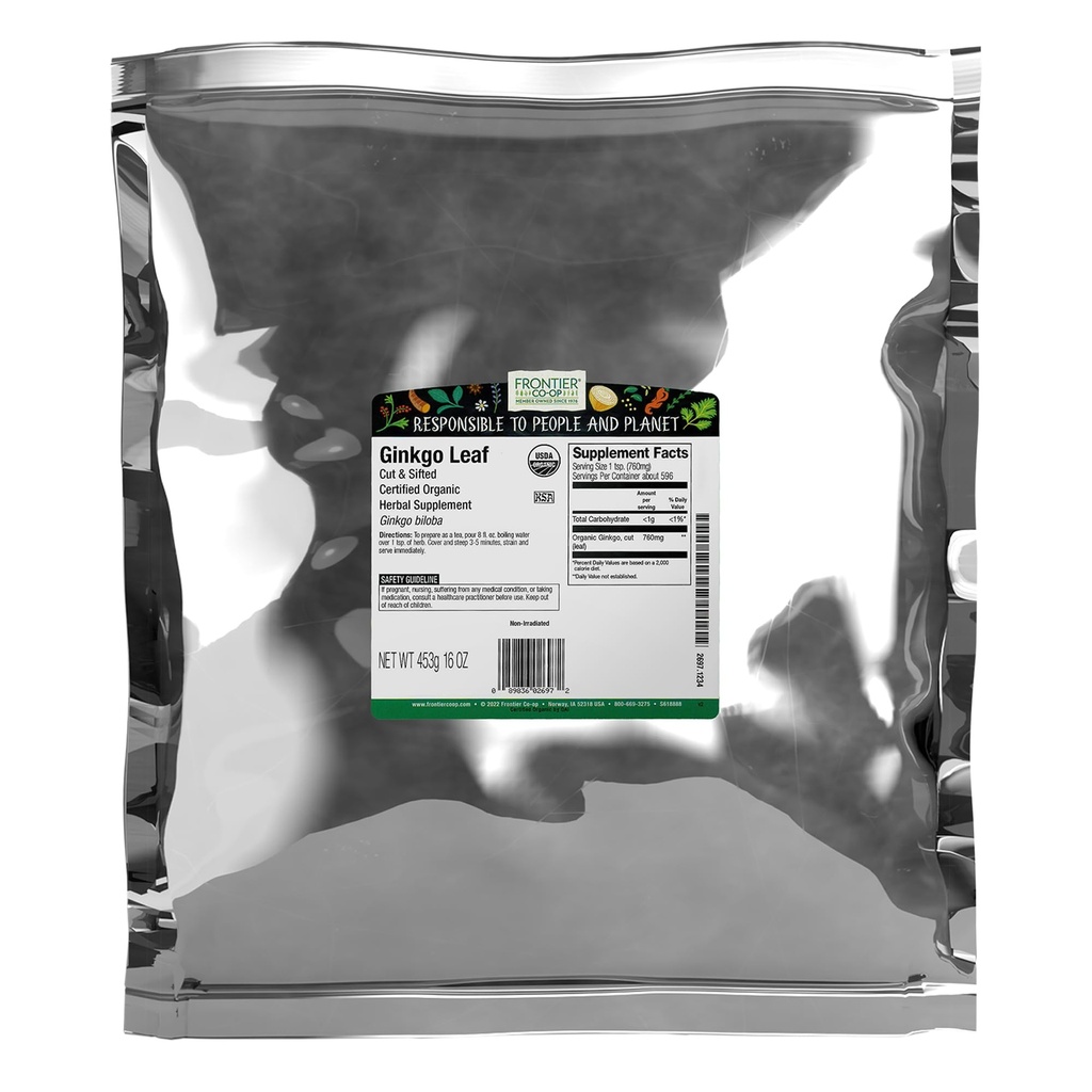 Frontier Co- op Organic Ginkgo Leaf, 1lb Bulk Bag, Cut and Sifted OF 124; Sušený Ginkgo Biloba Leaf OF 124; Ideální pro čajové a bylinné použití, Kosher