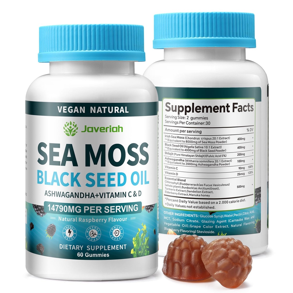 Vegan Ashwagandha Moss Gummies - Black Seed Oil, Vitamin C & D pro imunitní podporu, trávicí, Antioxidant 13 v 1 Bundle, Moss Chlorofyl Pokročilá síla Formule 2Pack 120 Gummies