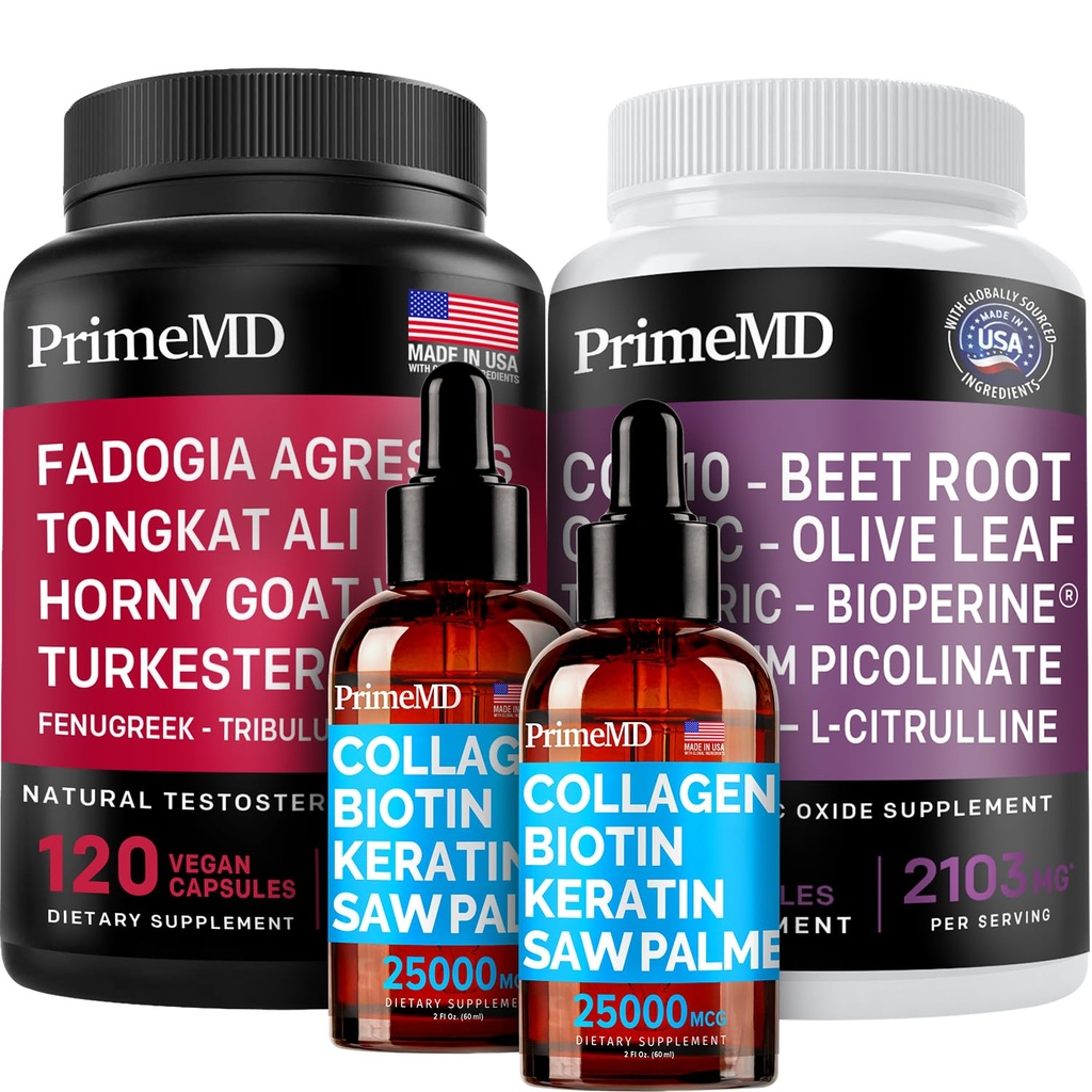 Tekutý kolagen Biotin (2pk), Fadogia Tongkat Ali (1pk), a oxid dusnatý (1pk) Doplněk Bundle - Potentní vitamíny pro vlasy, kůže, nehty, srdce, energie, a Testosteron Podpora - Non- GMO, Vegan