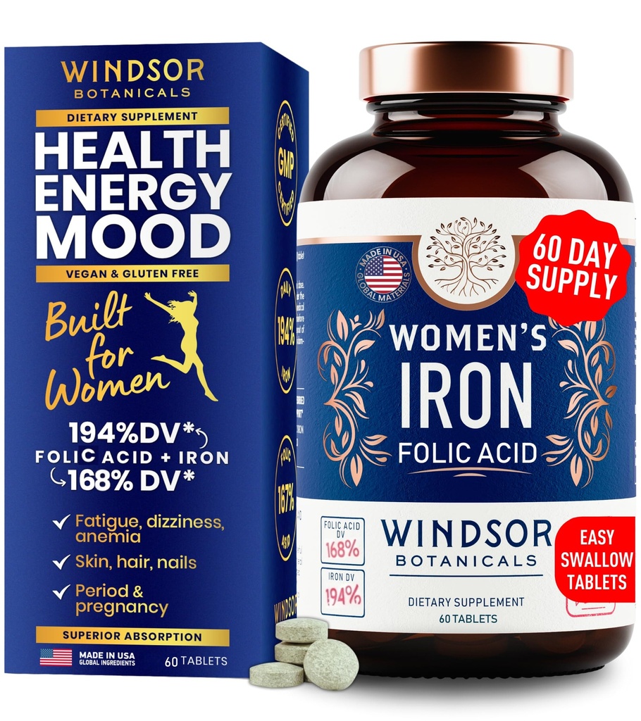 Doplňky kyseliny železné a listové pro ženy - 35mg Jemný Železný vitamin, kyselina listová 400mcg - anémie, Období, Doplněk pro podporu těhotenství, železné sulfátové pilulky - 60 Vegan Non- Constipating Tablety