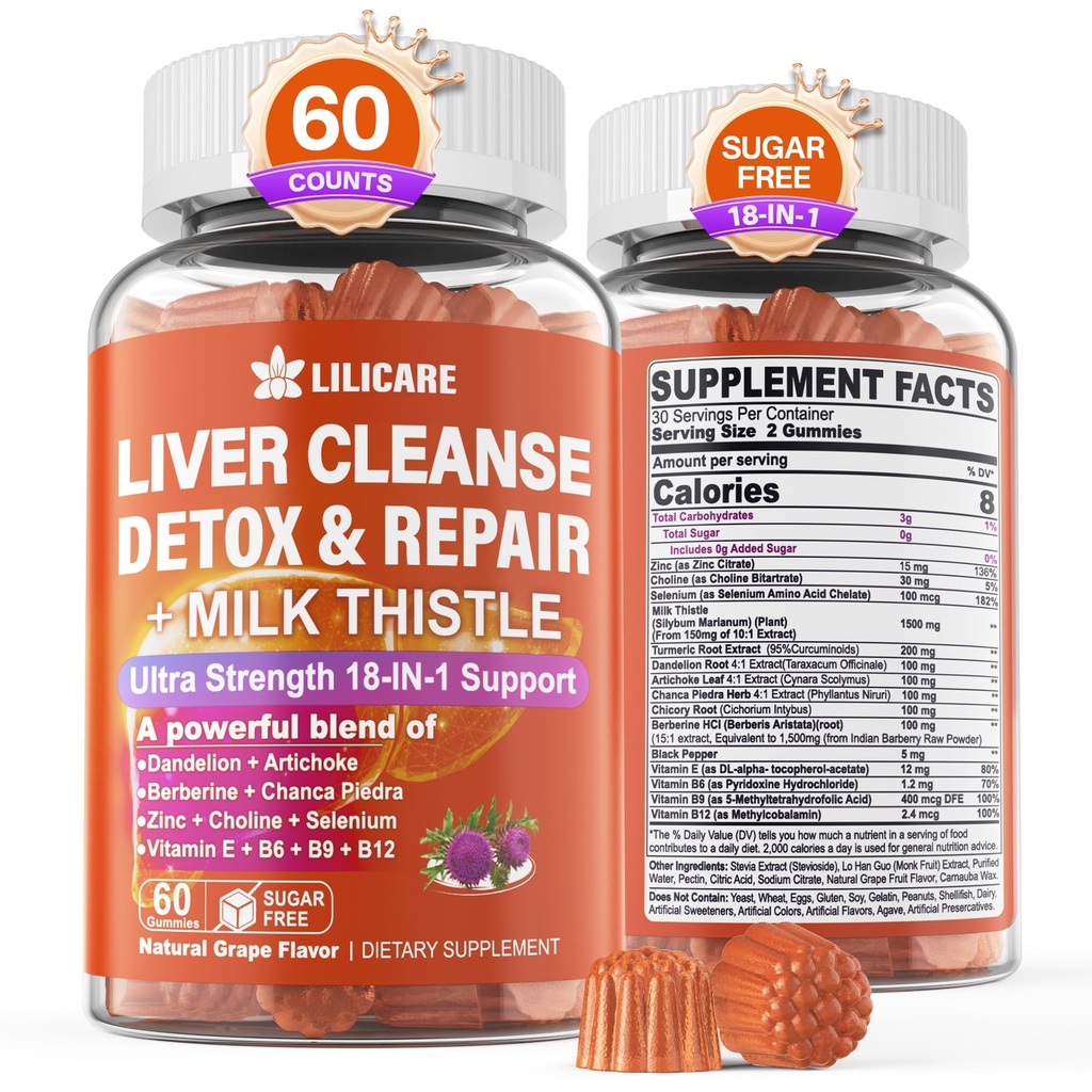 1Pack Mléko Thistle Játra Detox Gummies, 18- in-1 Játra Cleanse Detox & Opravy dodatek s Berberine, Chicory Root, Turmeric, Artichod, Dandelion Root, Chanca Piedra, Vitamíny B6 B12 - Cukr zdarma