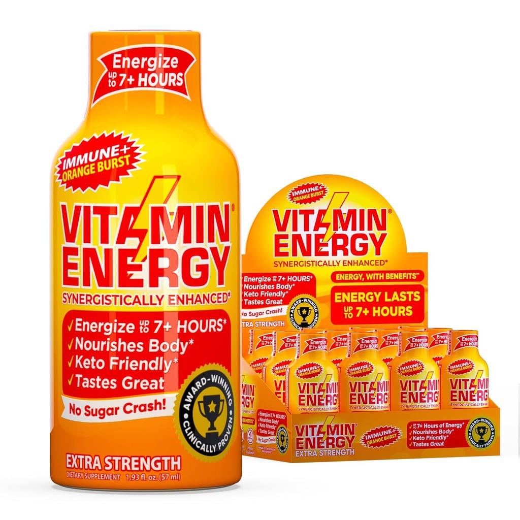 Vitamin Energy Imunní + Extra Síla Energy Shot - Orange Burst - 100% DV B-Vitamíny & 260mg Kofein - Nulové kalorie, Sugar- Free, Vegan, - Imunity & Energy Support - 1.93 fl oz, 12-Pack