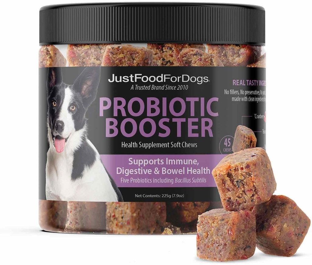 JustFoodForDogs Probiotický Booster Gut zdraví měkké Chews dodatek pro psy, stravovací zdravotní podpora, Průjem, Human Grade Ingredients - 45 Počet