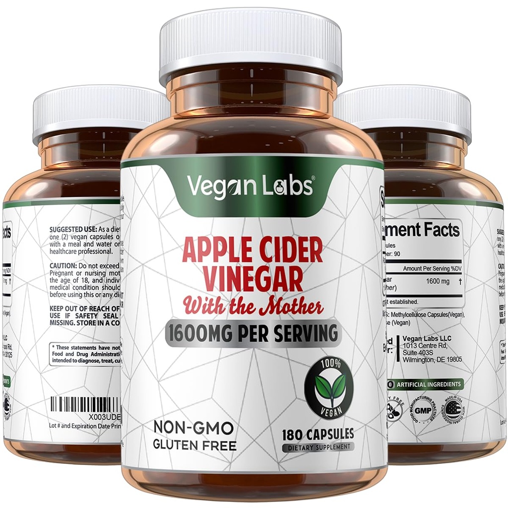 Vegan Labs Apple Cider Ocet Kapsle s matky- 180 Vegan Kapsle, 1600MG per Servin- 100% přírodní ACV Pills - Podporuje zdravé stravování, Keto, Řízení hmotnosti, Detox, a imunitní systém