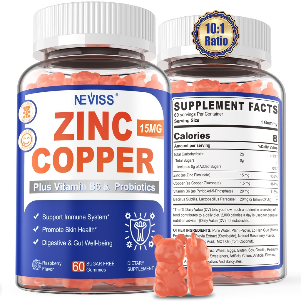 Zinkové gumy s mědí + Probiotika, Vitamin B6 pro Max Absorpce, Zinkové doplňky pro muže a ženy, Dva esenciální minerální bilance vzorec pro imunitu a Gut zdraví, Vegan, Non- GMO, 120 Cts