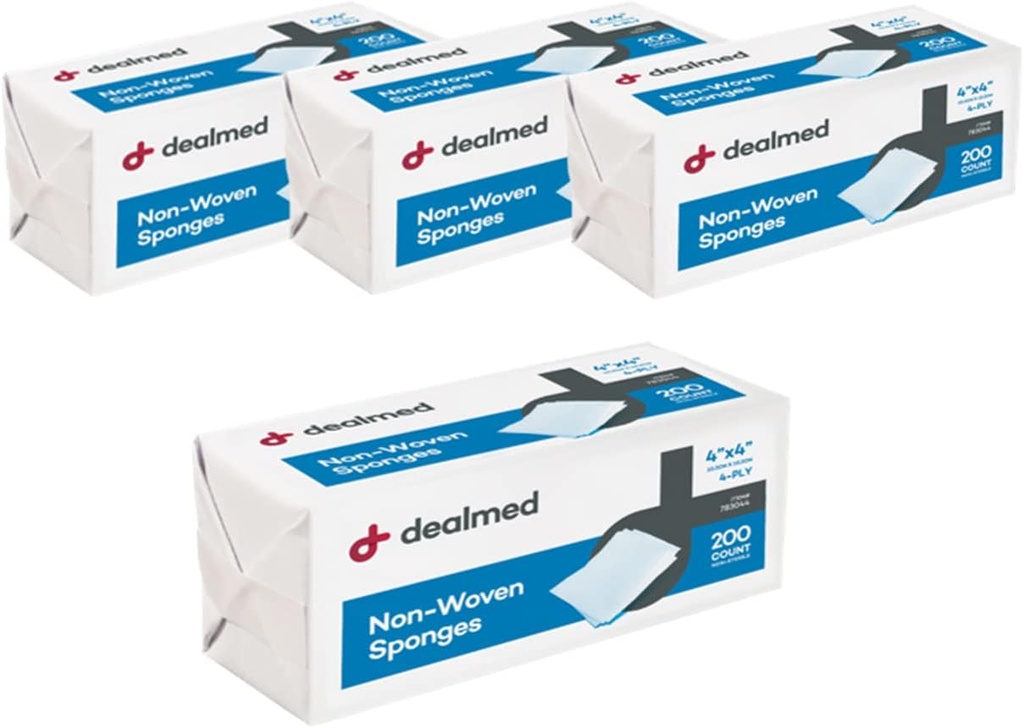 Dealmed Non- Tange Gáza Sponges - 4- Ply, 4 "x 4" All- purpose Non- sterilní Absorbent Zubní gáza rána péče o první pomoc Kit / lékařské vybavení, 200 Počet (balení po 4)