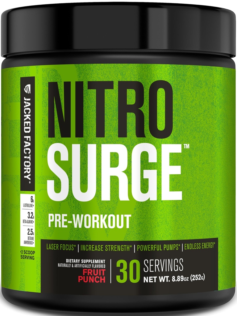 Jacked Factory NITROSURGE Pre Workout Dodatek - Nekonečná energie, Instant Strength Gains, Clear Focus & Intenzivní čerpadla - NO Booster & Powerful Preworking Energy Powder - 30 Servings, Ovocný punč