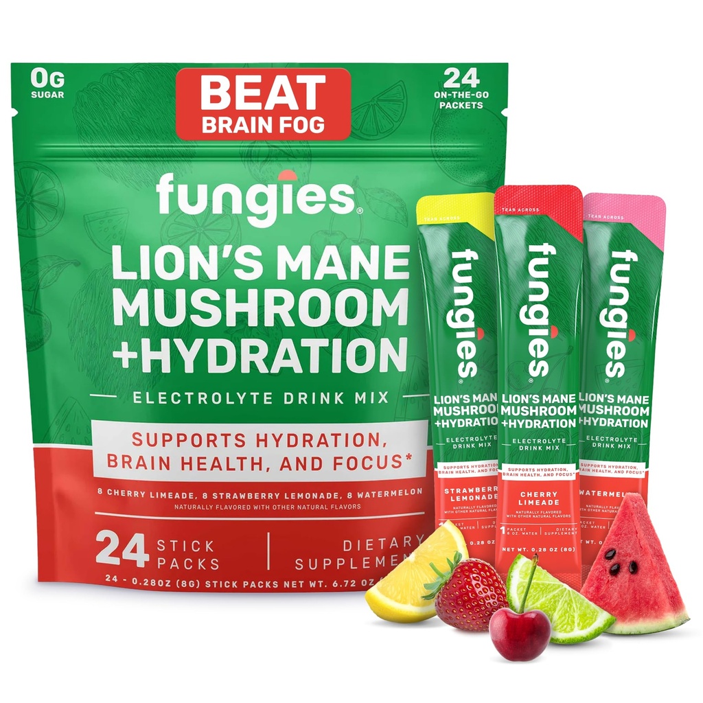 Fungies Electrolyte Drink Mix s Lví hříví a esenciální elektrolyty, 24 Variety Pack - Sugar- Free Hydration dodatek Prášek pro dospělé pro zdraví a soustředění mozku - Houbový dodatek