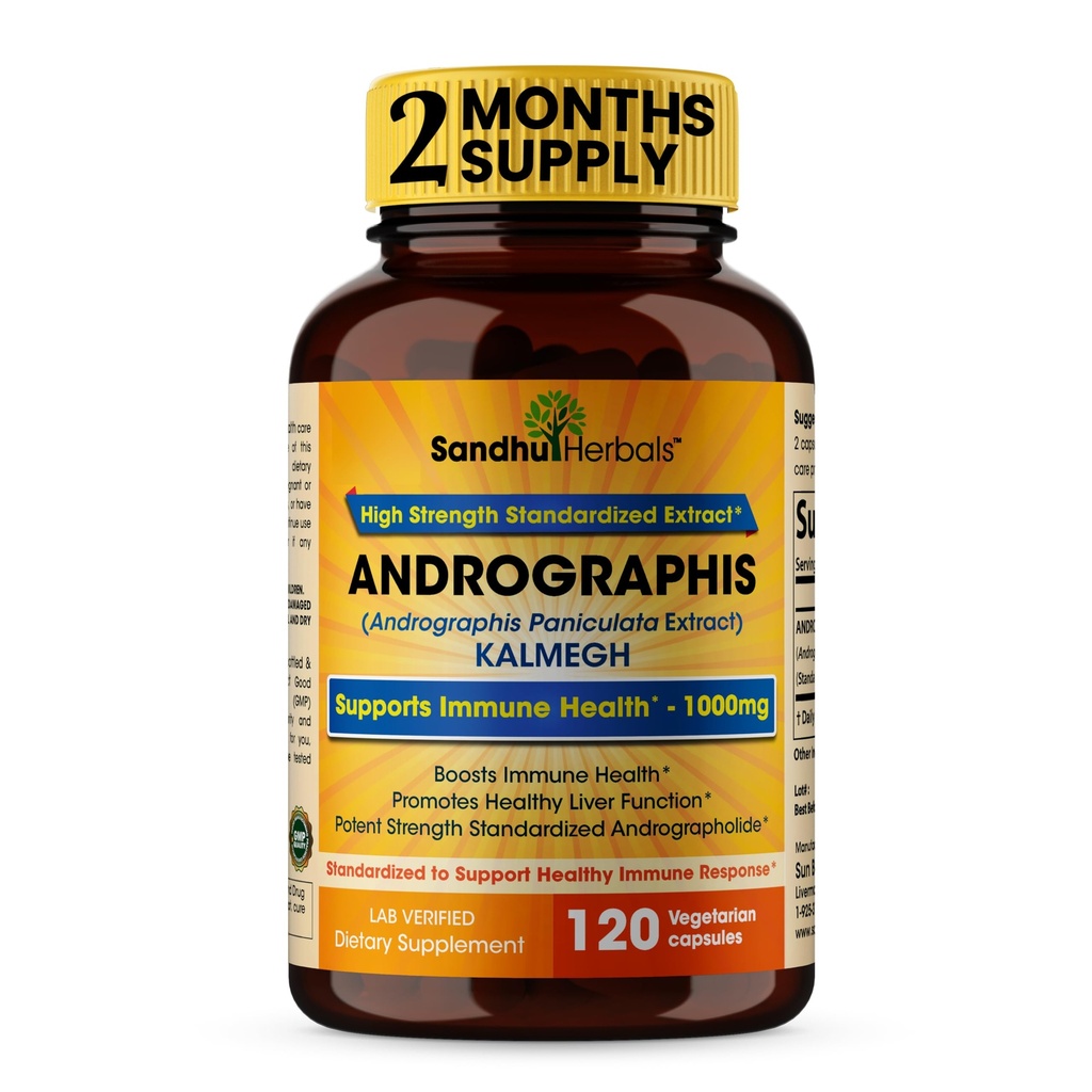 SandHUHERBALS Sandhu Herbals Andrographis Paniculata Kalmegh pro Imunitní a jaterní zdravotní podporu 124; 120 Vegetariánské kapsle, 2 měsíce Dodávka 124; Ayurvedic Bylinné vegetariánské doplněk Komplex
