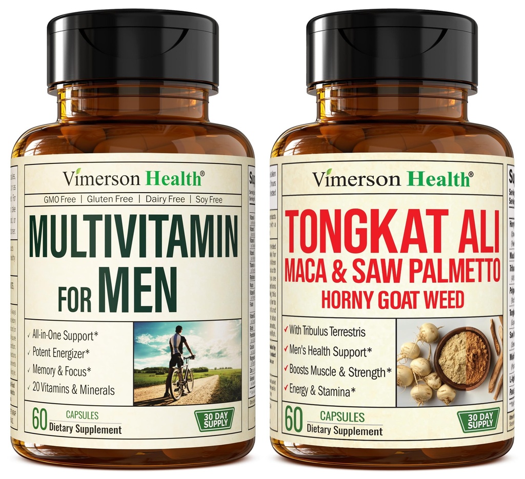 Vimerson Health Multivitamin pro muže & Tongkat Ali pro muže s rohovými kozí trávou, Maca kořenový prášek, Tribulus Terrestris, Saw Palmetto Extract