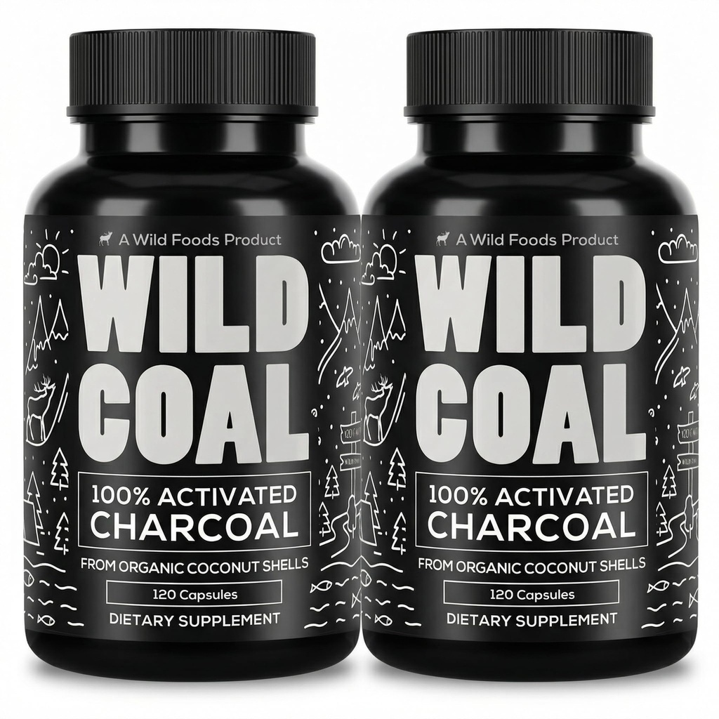 Wild Foods Aktivované Charcoal Kapsle 124; 100% organické kokosové skořápky Aktivní tablety pro nadýmání Relief 124; Lab Tested & Non- GMO Detox pilulky 124; USA (Dvě láhve - 120 Kapsle)