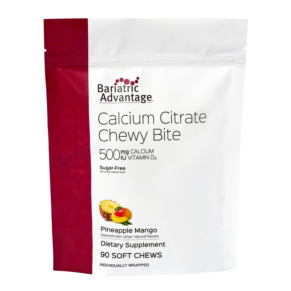 Bariatrická výhoda vápníku Citrát Chewy Bites 500 mg - Vysoce Absorbovatelné & Digestible - Vitamin D3 - Snadno žvýkací doplněk vápníku - Ananas Mango - 90 Počet