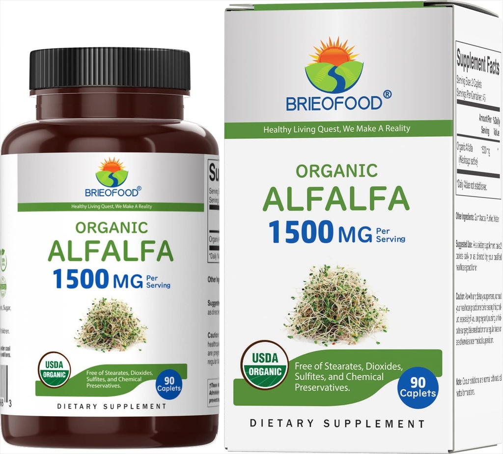 Brieofood Organic Alfalfa 1500mg, 45 Servings, Vegetarian, Gluten Free, 90 Vegetarian Tablety