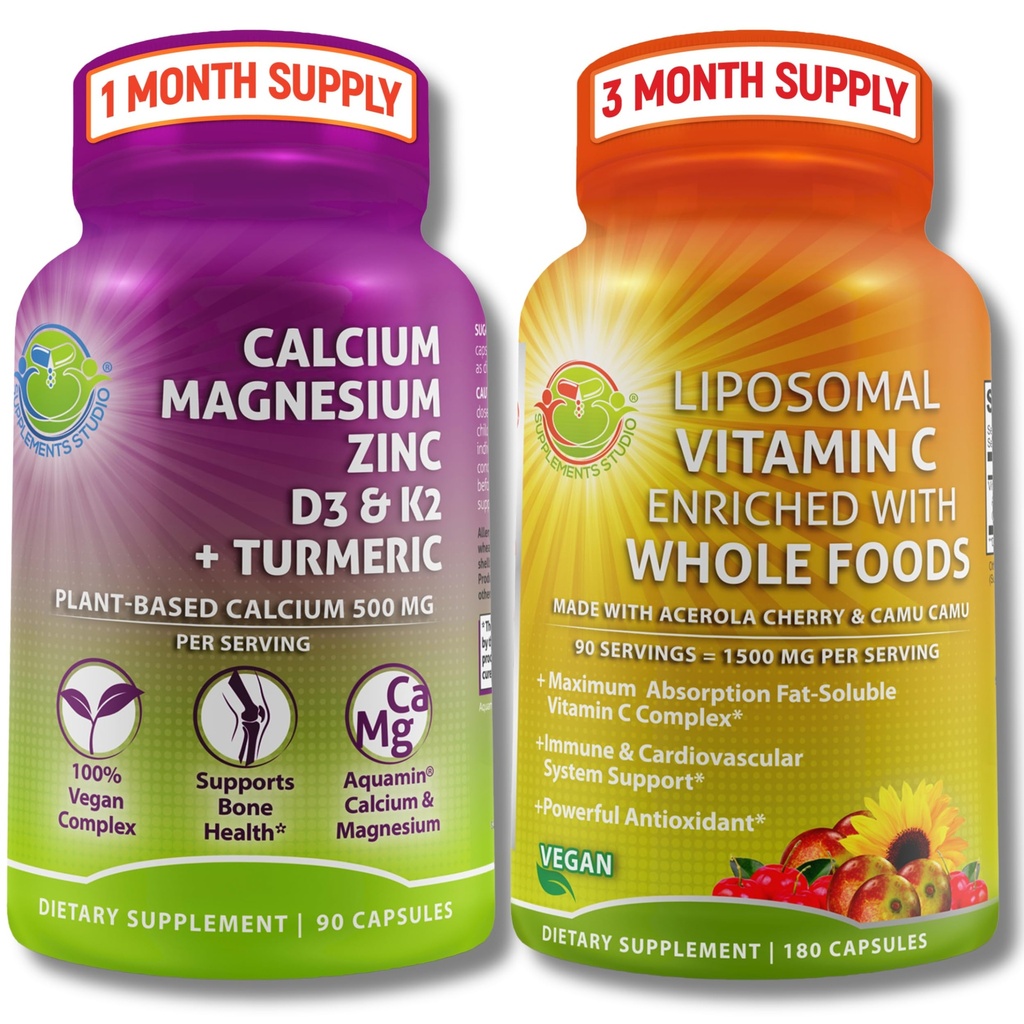 Plant- based Bone & Immunication Supplement Bundle - Lipozomální vitamin C 1500mg s organickým Acerola & Camu Camu + vápník hořčík zinek s vitamínem D3, K2 & Turmeric - Vegan, Non- GMO