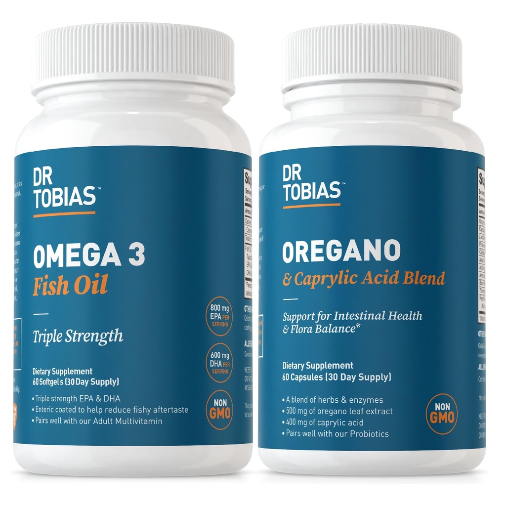 Dr. Tobias Omega 3 Fish Oil a oregano & Capril kyseliny doplňky, podporuje srdce, mozek, imunitní s Gut Flora bilance Komplexní & střevní zdraví pro ženy a muže