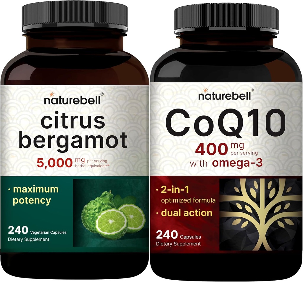 NatureBell CoQ10 400mg Kapsle s Omega 3 mastné kyseliny & Citrus Bergamot Veggie Kapsle 5 000 mg Ekvivalentní Bundle Pack S124; Stabilní vysoce absorpční forma S124; Vysoká hladina antioxidantů