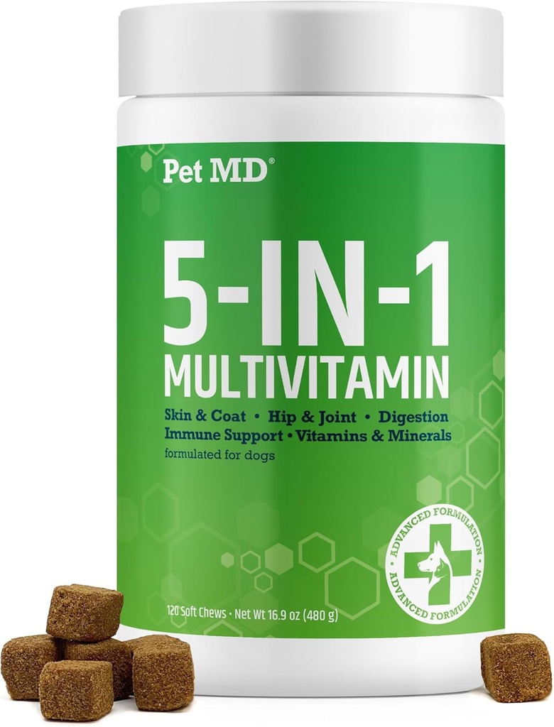 Pet MD 5in1 Dog Multivitamin - 30 esenciální vitaminy, minerály a živiny pro pleť & Coat, Hip & Joint, Digestion, Imunity & Senior Dog Vitamíny - Glucosamin, Omega 3 6 9, & Probiotika - 120 ct