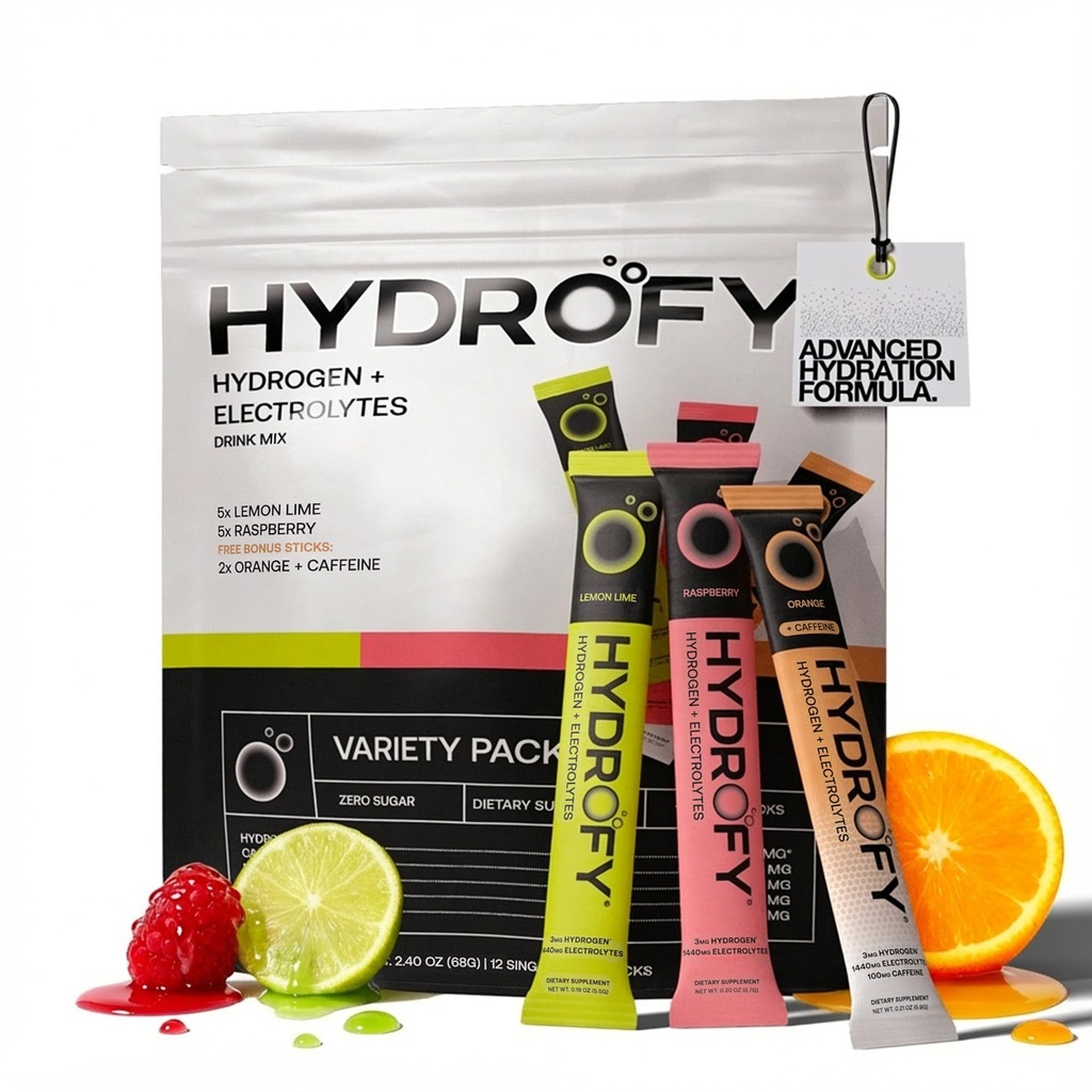 Hydrogenovaná voda + Electrolytes Drink Mix - Variety Pack 124; H2 Hydratační balíčky s molekulárním vodíkem, sodík, draslík, hořčík 124; Lemon Lime, Malina, Orange + kofein 124; 12 Počet