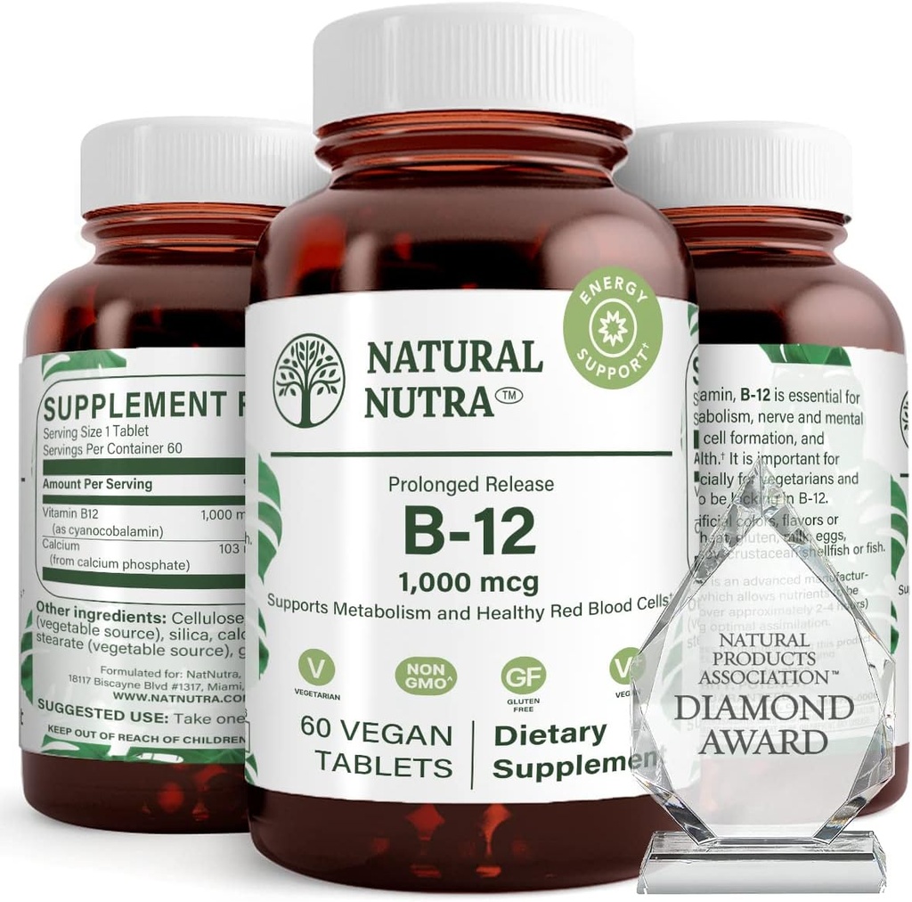 Přírodní Nutra vitamin B12 1000 mcg, Cobalamin B 12 dodatek, fosfát vápenatý, Nápověda v metabolismu zdraví, podporuje nervový systém, optimální absorpce, gluten zdarma, cukr zdarma, 60 Veganské tablety