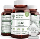 Přírodní Nutra vitamin B12 1000 mcg, Cobalamin B 12 dodatek, fosfát vápenatý, Nápověda v metabolismu zdraví, podporuje nervový systém, optimální absorpce, gluten zdarma, cukr zdarma, 60 Veganské tablety