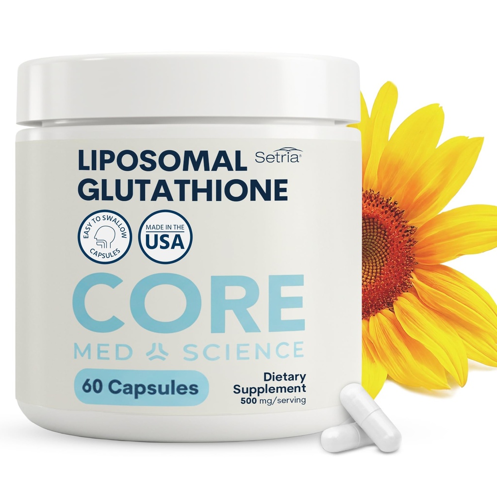 Core Med Science Liposomal Glutathione Dodatek (500mg, 60 Kapsle) - Čistá redukovaná Setria s fosfolipidovým komplexem - Antioxidant dodatek pro energii, zdraví mozku, kůže a jater