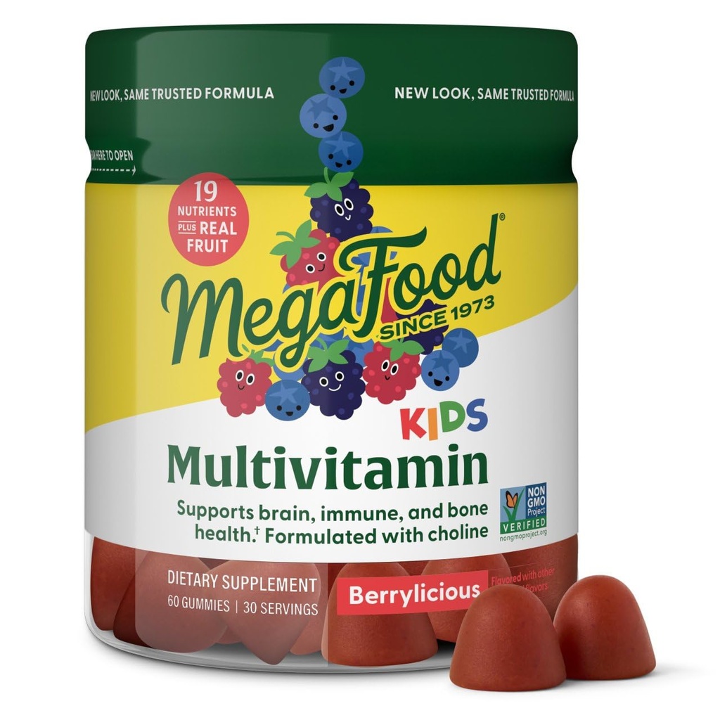 MegaFood Kids Multivitamin Gummies - Děti Vitamíny - Věk 4 + s vitaminem C, Vitamin D, Zinek, Choline a Real Fruit - Brain & Imunitation Support - Berrylicious Flavor - 60 Gummies (30 Služeb)