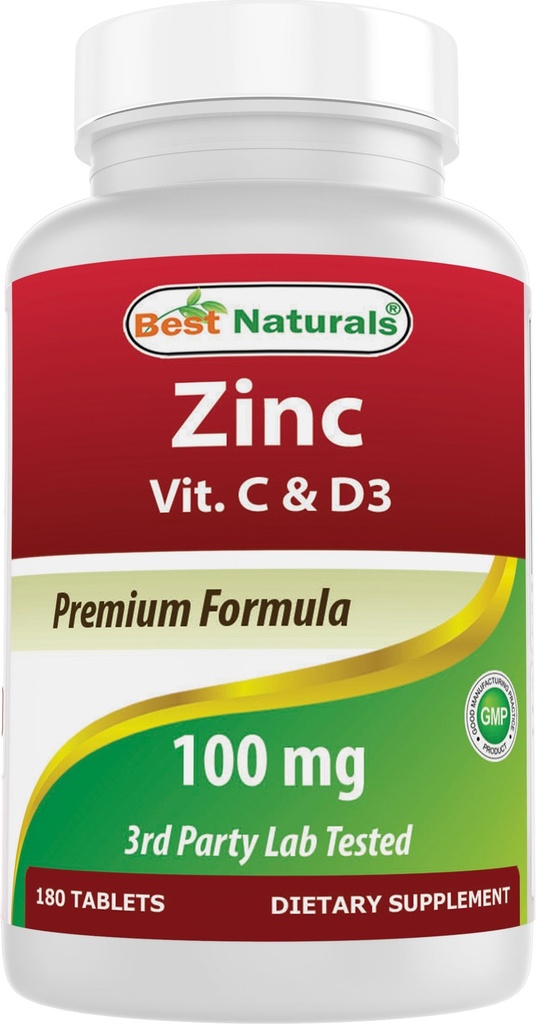 Nejlepší Naturals Zinek 100 mg s vitaminem C & D3 180 Tablety gluten zdarma a Non- GMO