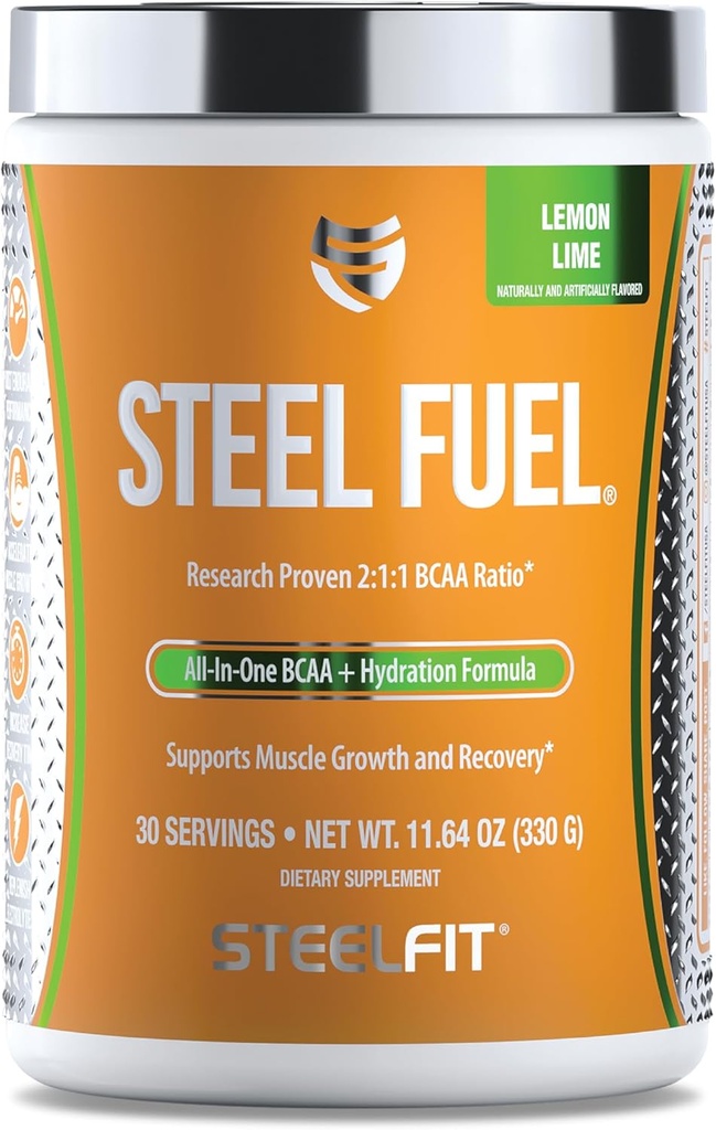 SteelFit Steel Fuel BCAA Amino Acids Powder for Intra- Workout to Acelerate Muscle Growth & Enhanced Endurance - 30 Serings in Lemon Lime - BCAA Supplements Powder for Electrolytes & Recovery
