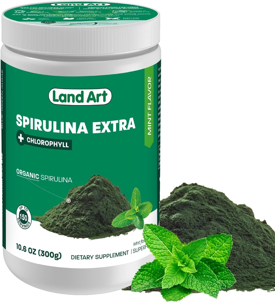 Land Art Organic Spirulina Extra Powder - Mint Flavered - 100% Pure - 75 Servings - Superfood - Good Taste and Good Smell - 10% Bioactive Chlorofyl - Výkonný zdroj antioxidantů