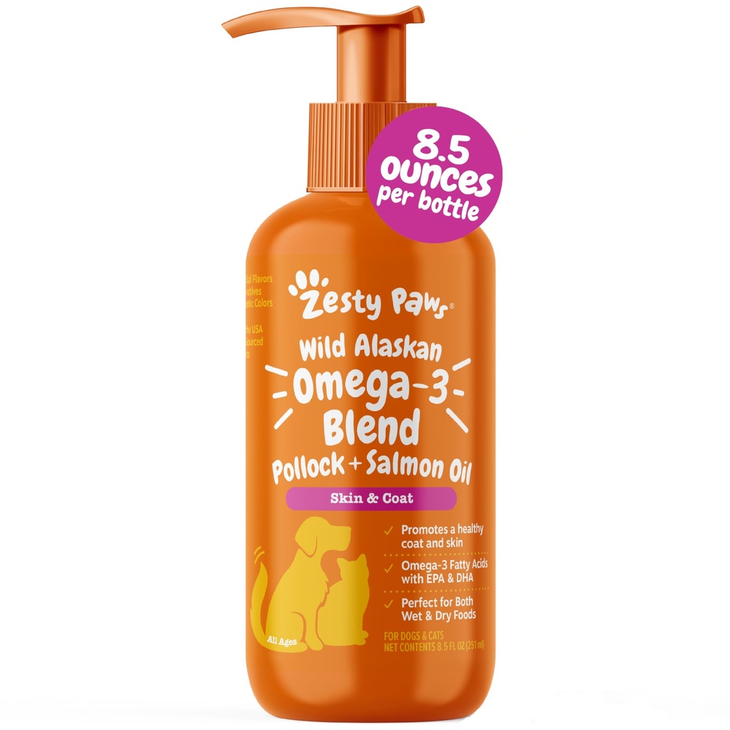 Zesty Paws Wild Alaskan Omega-3 Blend Pollock + Salmon Oil for Dogs and Cats - Kožní a coat support, Omega 3 Dodatek pro zvířata v zájmovém chovu, 8.5oz