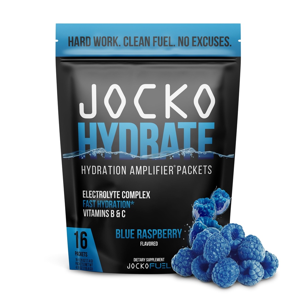 Jocko Palivo Hydrate Electrolytes Powder Packets Nízký cukr - Hydratační zesilovač Packets pro obnovu, Dehydratace, & Cvičení - s vitamíny B6, B12 & C (16 Packets) Blue Raspberry
