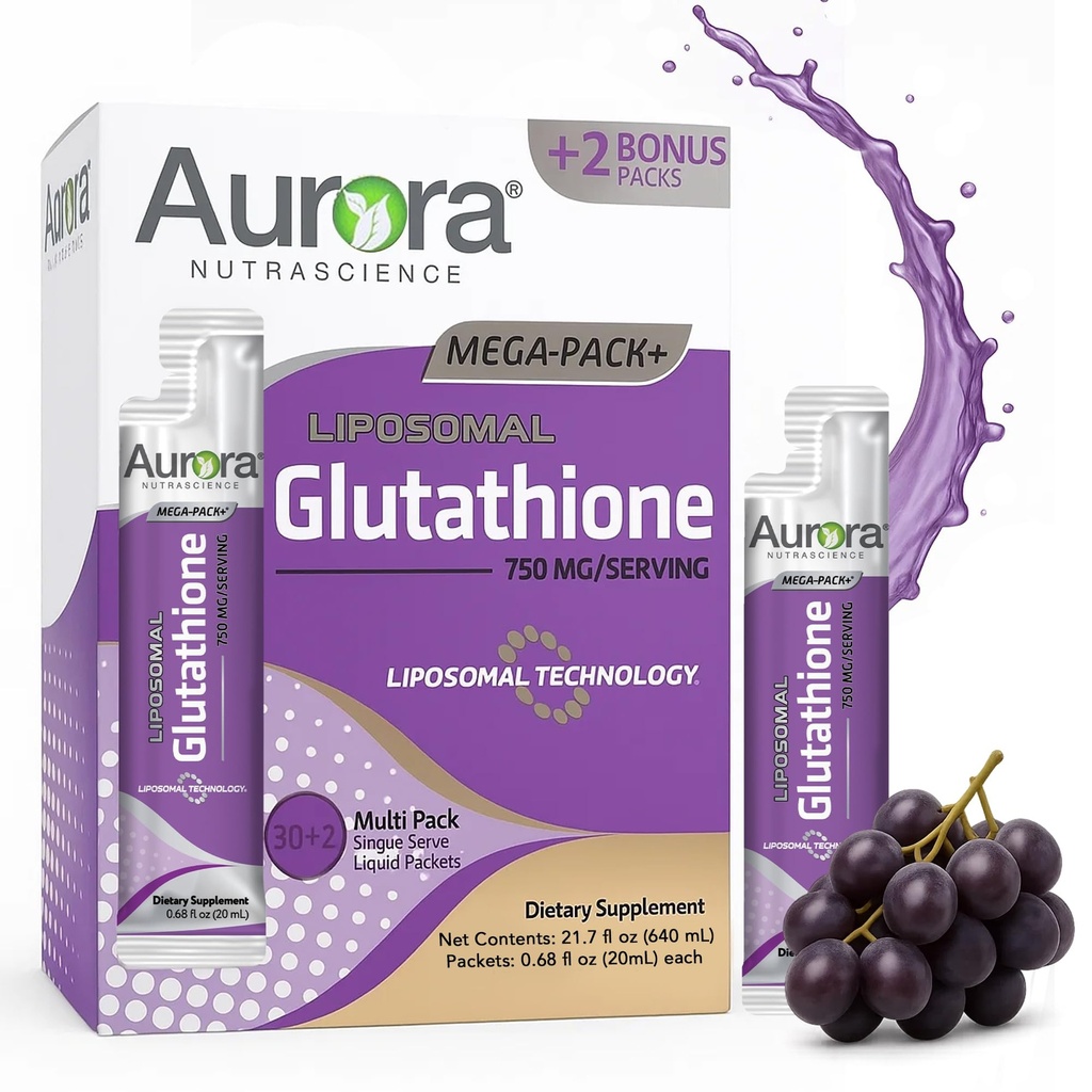 Aurora Nutrascience Mega- Liposomální tekutý glutathion, imunitní a antioxidant Gut doplněk pro podporu zdraví, 750 mg na Serving, Non- GMO, Sugar- Free, 32 Single Serve Packets