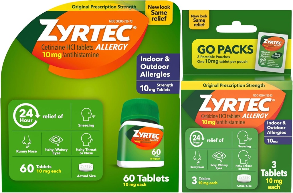 Zyrtec 24 hodin Allerief Relief Tablety, Vnitřní a venkovní alergie Medicine s 10 mg Cetirizin HCl per Antihistamin Tablet, Bundle Pack, 60 ct + 3 ct Cestovní balení, 63 Počet