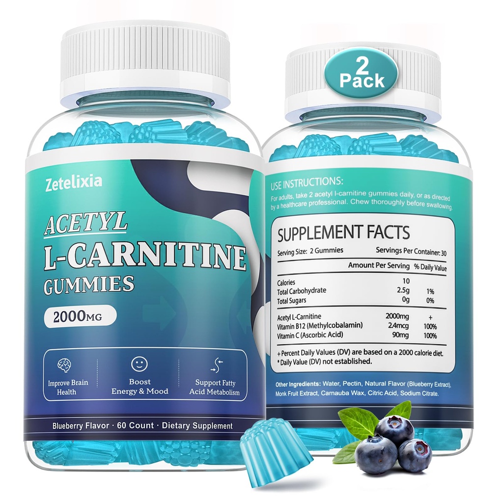 2 Balení cukru zdarma acetyl L- karnitinové gumy, L- karnitin dodatek pro ženy a muže, s vitamínem C & B12, ALCAR pro energii, Brain & Heart Health Support, Vegan, Non- GMO, 120 Počet