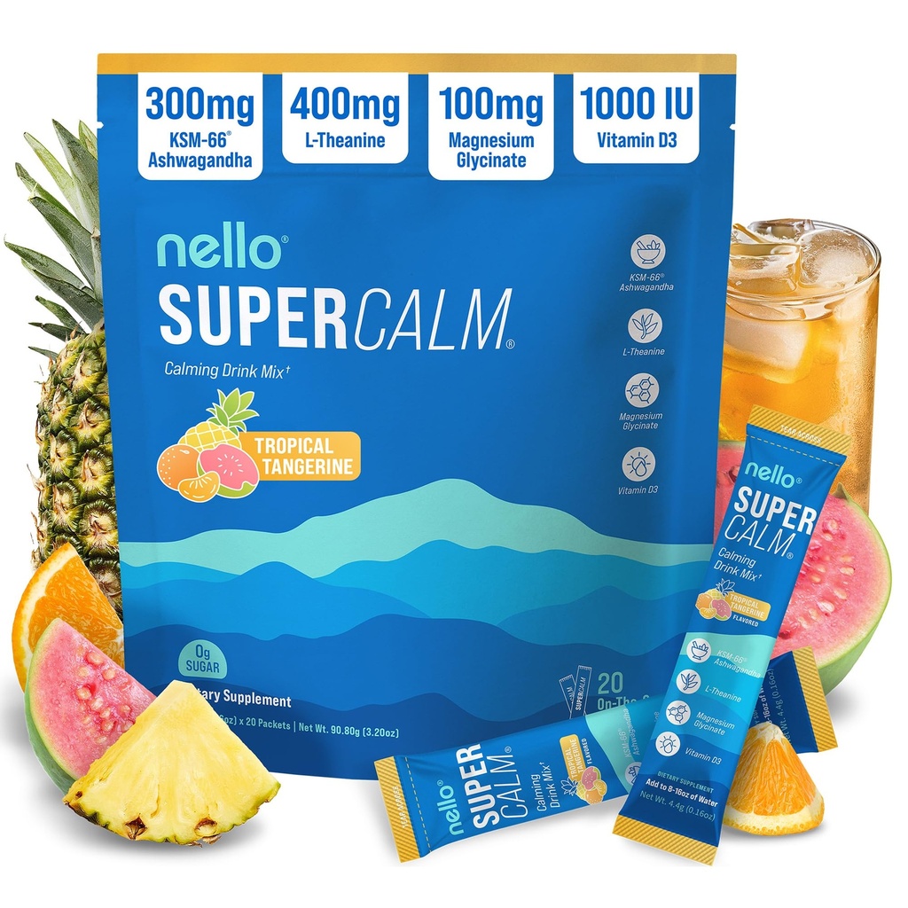 Nello Supercalm Powded Drink Mix, Tropical Tangerine, L Theanine, Ksm- 66 Ashwagandha, Magnesium Glycinát, Vitamin D 3, doplňky pro relaxaci a soustředění, přírodní, Ne cukr, Non GMO, 20 Srvg