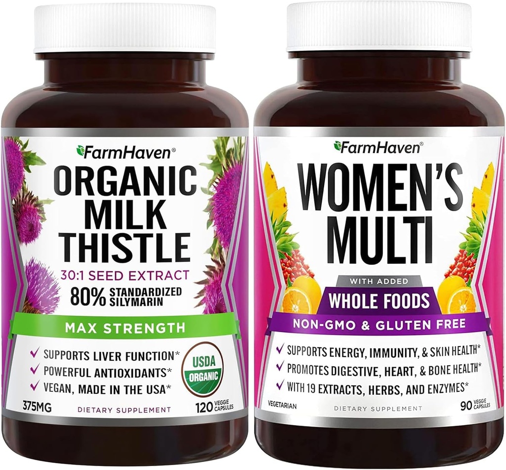 FarmHaven Mléko Thistle Kapsle a Multivitamin pro ženy 124; 22 Základní výživové látky, Ovoce a Veggies Womens Multivitamin 124; Zvyšuje energii, imunitní, srdeční zdraví Bundle