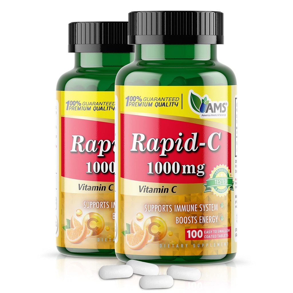 America Medic & Science Rapid-C 1000mg vitamin C dodatek (2 balení 100 tablet) Energetický booster, Denní imunitní systém Podpora, Antioxidant credi124; Vegan, Non- GMO potažená kyselina askorbická pro dospělé muže a ženy