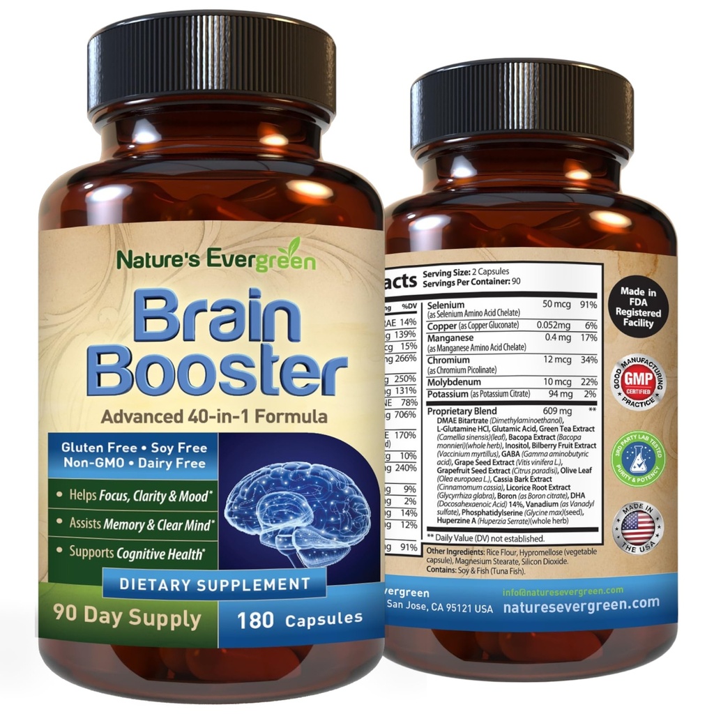 Mozek Booster 40- in-1 Formule dodatek pro zaměření, paměť, jasnost, energie 124; pro muže a ženy, kognitivní funkce nootropní podpora s DMAE, Brain Health Formule 124; (180 Kapsle - 90 denní dodávky)