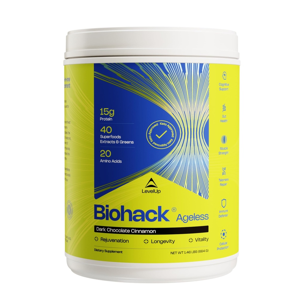 LevelUp Biohack Agless: Colostrum Collagen Superfoods Antioxidanty Spermidin Amino Acids Creatine for Women and Men, Total Body Rejuyation (Tmavá čokoláda Skořice)