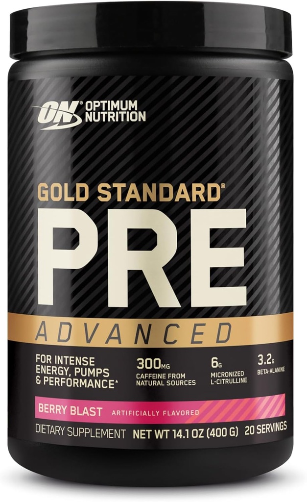 Optimum Nutrition Gold Standard Pre Workout Advanced, s Creatine, Beta- Alanin, Mikronizované L- Citrulin a kofein pro energii, Keto Friendly, Berry Blast, 20 Služeb
