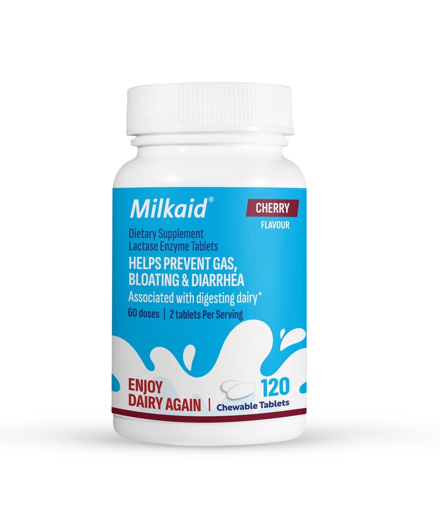 Milkaid Laktáza Enzyme Žvýkací tablety pro intoleranci laktózy Relief CLAS124; Prevents Gas, Bloating & Diarrhea CLAS124; Fast acting Dairy Digestive Supplement (120 Tablety, třešně)